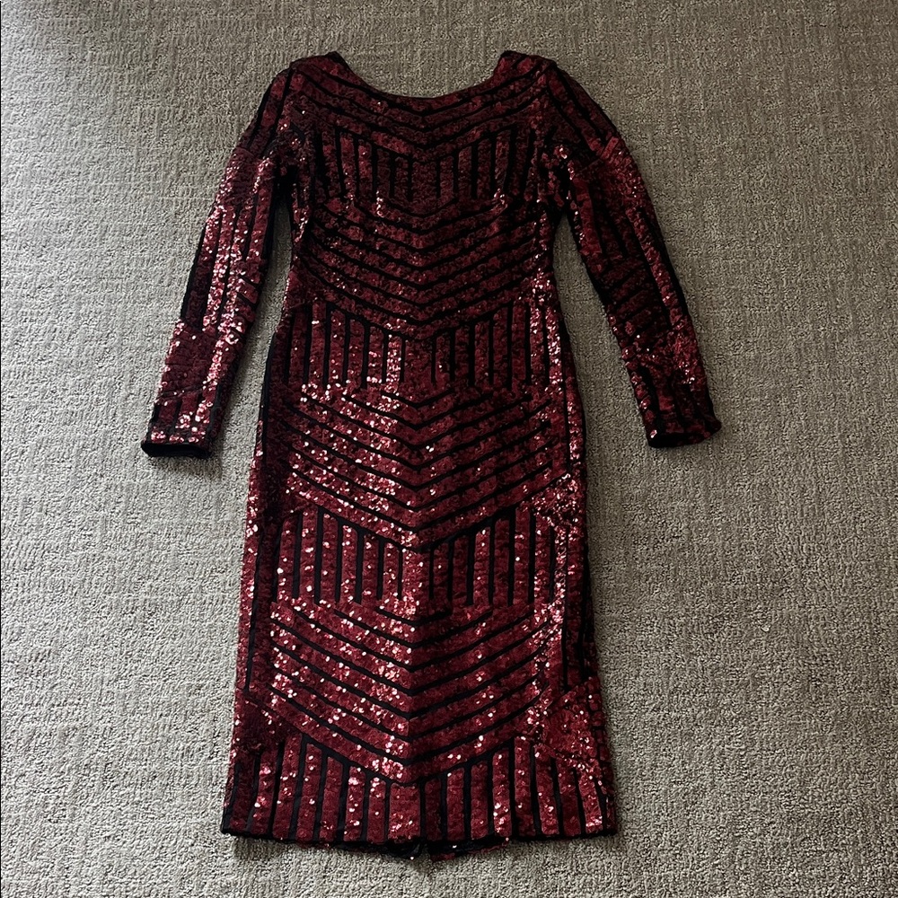Dress the Population Burgundy and Black Sequin Long Sleeve Dress